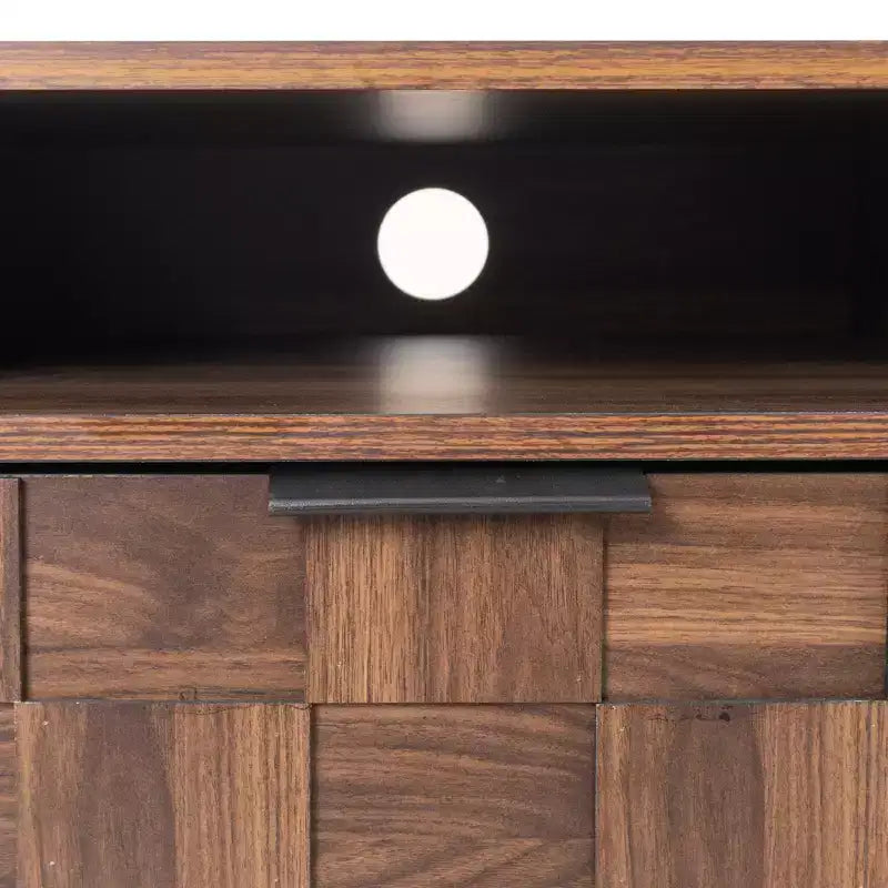 Meuble TV Mid-century avec 2 tiroirs, Table console média pour TV jusqu'à 85'', Centre de divertissement avec 2 armoires de rangement, Marron foncé