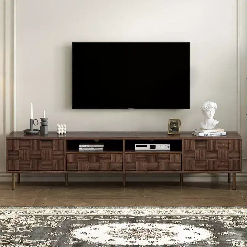 Meuble TV Mid-century avec 2 tiroirs, Table console média pour TV jusqu'à 85'', Centre de divertissement avec 2 armoires de rangement, Marron foncé