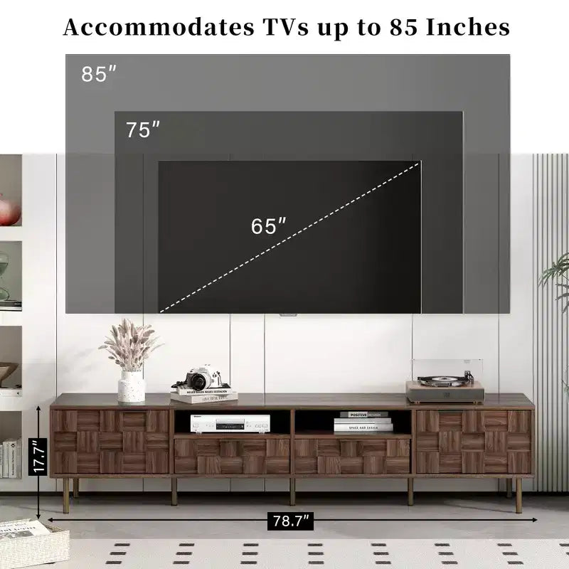 Meuble TV Mid-century avec 2 tiroirs, Table console média pour TV jusqu'à 85'', Centre de divertissement avec 2 armoires de rangement, Marron foncé
