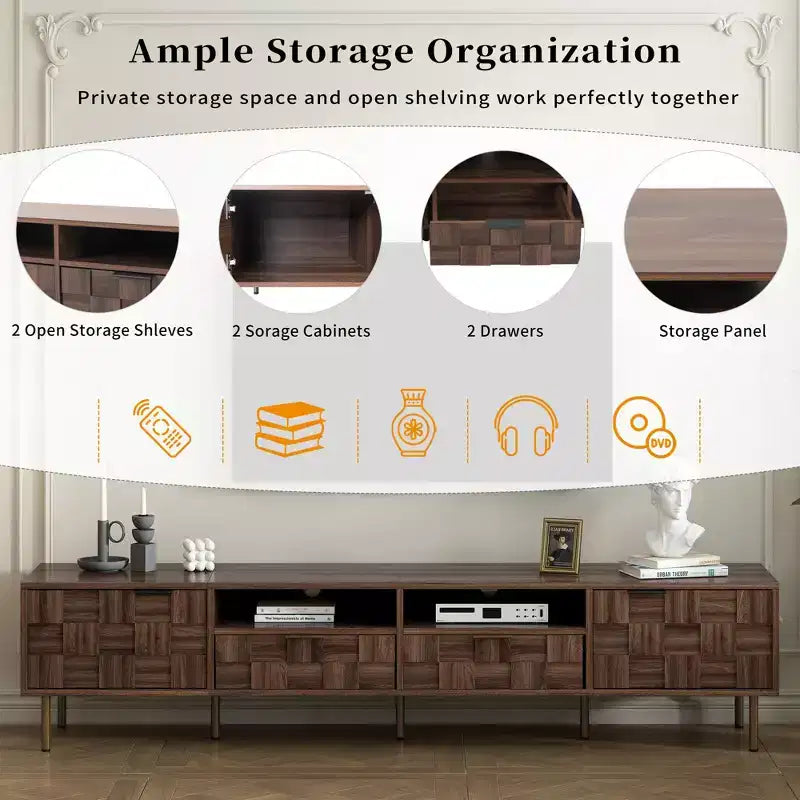 Meuble TV Mid-century avec 2 tiroirs, Table console média pour TV jusqu'à 85'', Centre de divertissement avec 2 armoires de rangement, Marron foncé