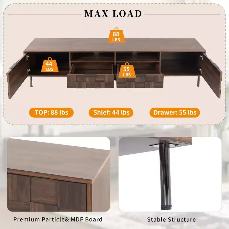 Meuble TV Mid-century avec 2 tiroirs, Table console média pour TV jusqu'à 85'', Centre de divertissement avec 2 armoires de rangement, Marron foncé
