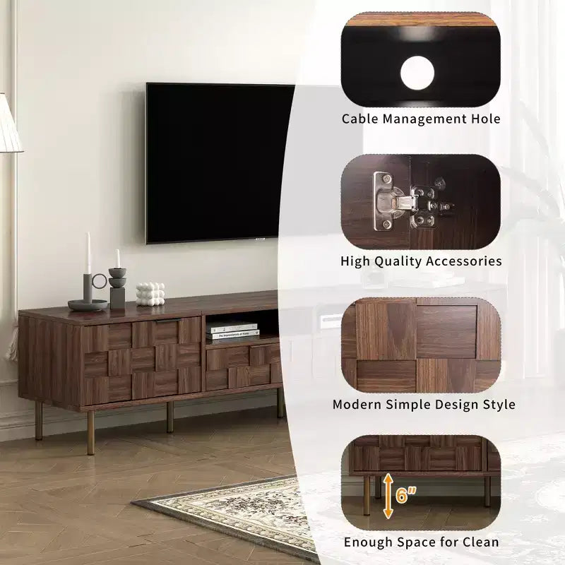 Meuble TV Mid-century avec 2 tiroirs, Table console média pour TV jusqu'à 85'', Centre de divertissement avec 2 armoires de rangement, Marron foncé