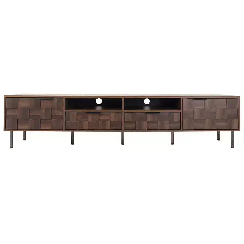 Meuble TV Mid-century avec 2 tiroirs, Table console média pour TV jusqu'à 85'', Centre de divertissement avec 2 armoires de rangement, Marron foncé