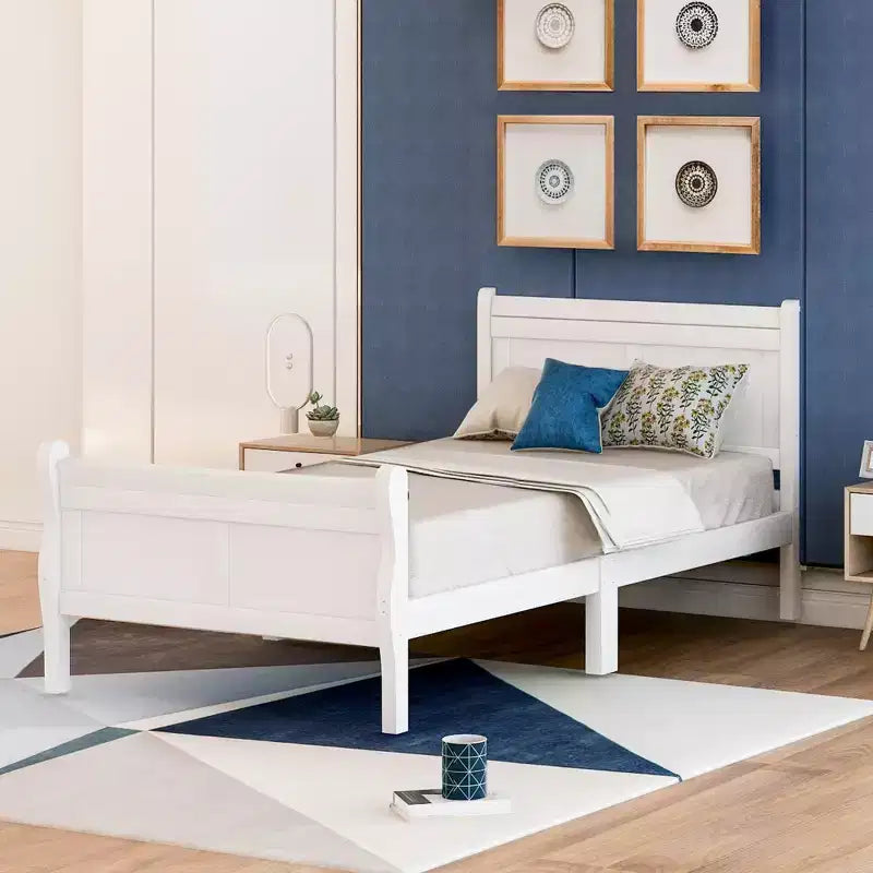 Cadre de lit plateforme en bois, design traîneau, avec tête de lit, pied de lit et support à lattes robuste