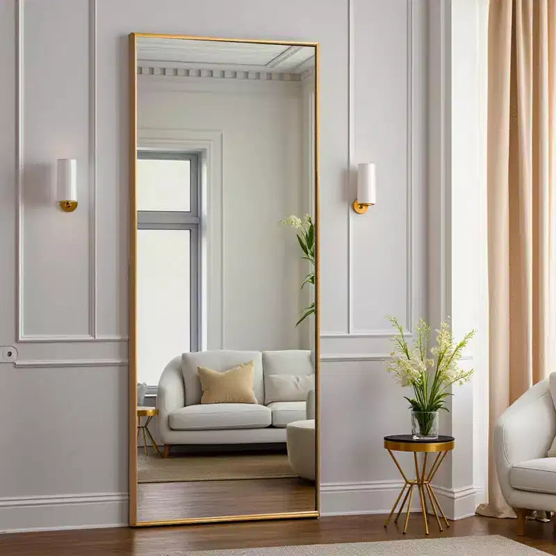 Miroir rectangulaire intégral doré à cadre fin en aluminium avec support