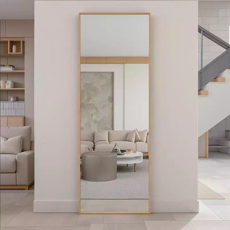 Miroir rectangulaire intégral doré à cadre fin en aluminium avec support