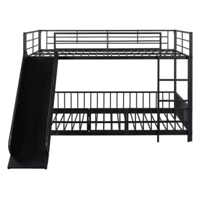 Lit superposé en métal double sur double avec toboggan et barrières de sécurité, noir
