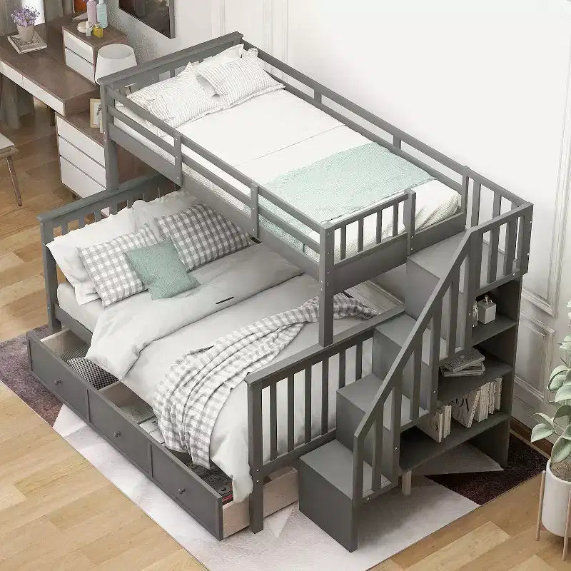 Lit superposé jumeau sur grand avec escalier, tiroir, rangement et barrière de sécurité