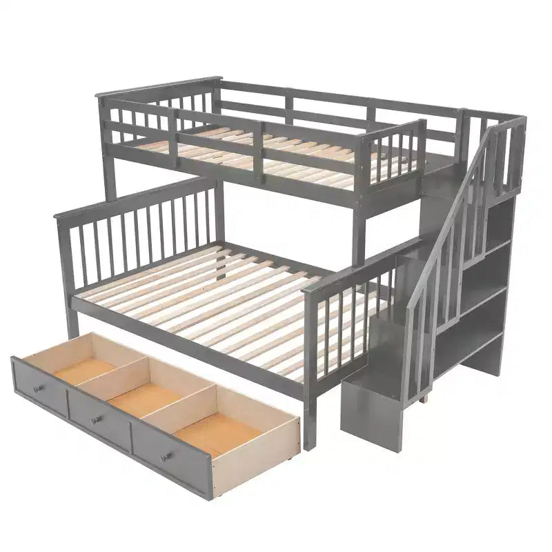 Lit superposé jumeau sur grand avec escalier, tiroir, rangement et barrière de sécurité