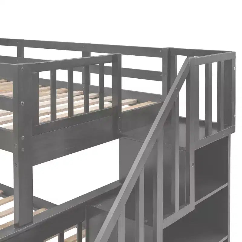Lit superposé jumeau sur grand avec escalier, tiroir, rangement et barrière de sécurité