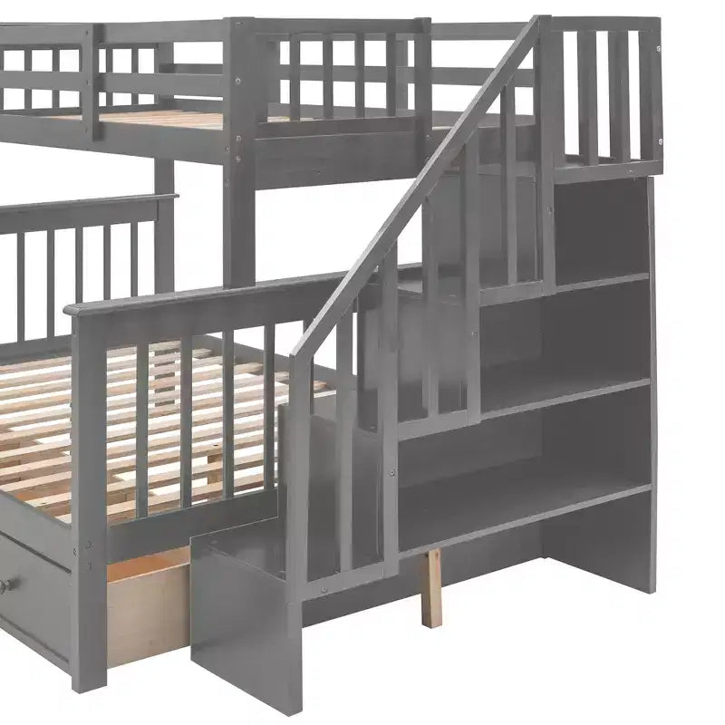 Lit superposé jumeau sur grand avec escalier, tiroir, rangement et barrière de sécurité