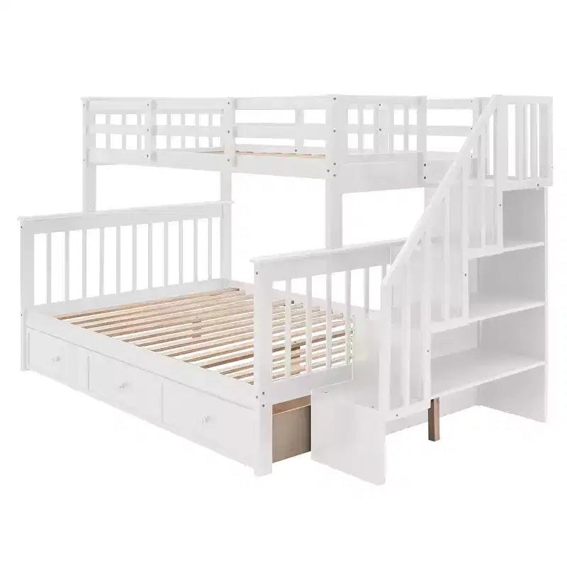 Lit superposé jumeau sur grand avec escalier, tiroir, rangement et barrière de sécurité