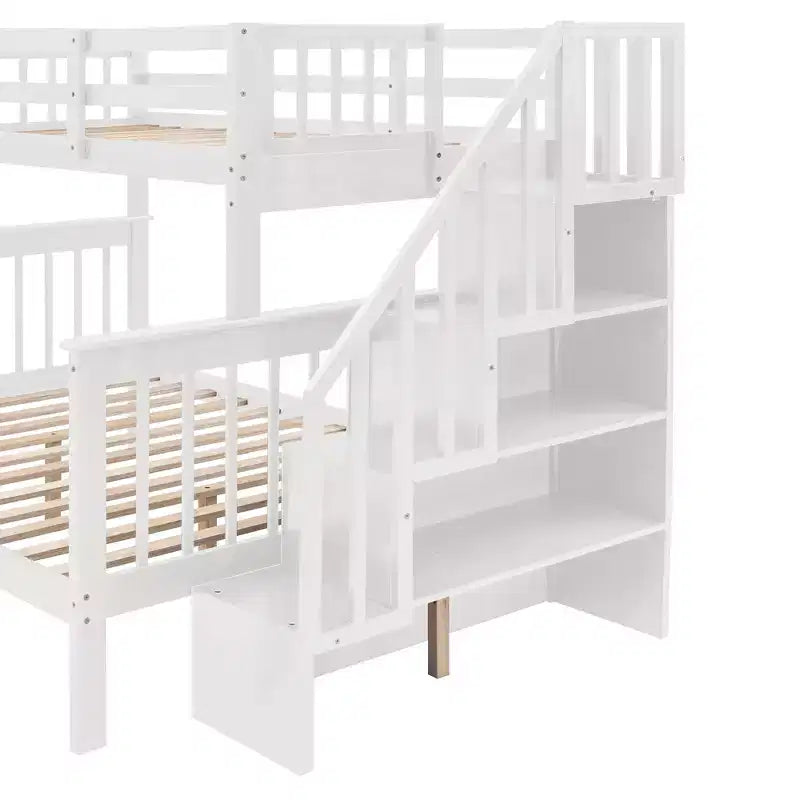 Lit superposé jumeau sur grand avec escalier, tiroir, rangement et barrière de sécurité