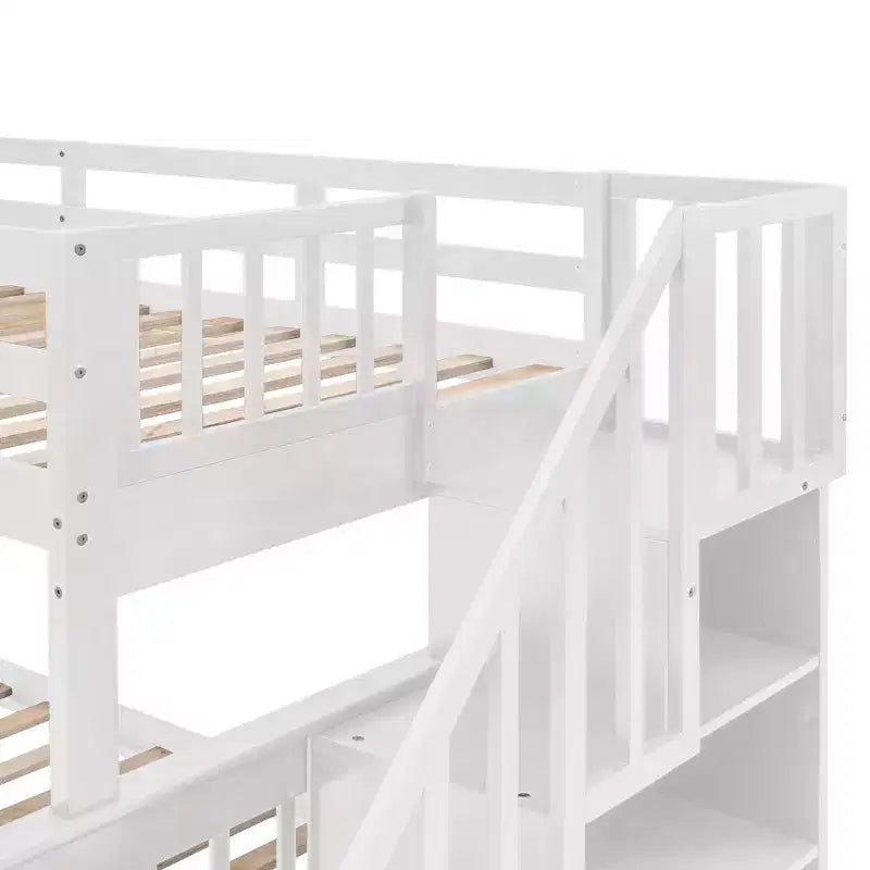 Lit superposé jumeau sur grand avec escalier, tiroir, rangement et barrière de sécurité