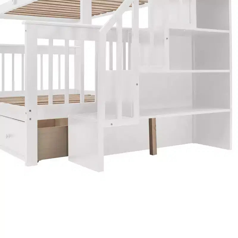 Lit superposé jumeau sur grand avec escalier, tiroir, rangement et barrière de sécurité