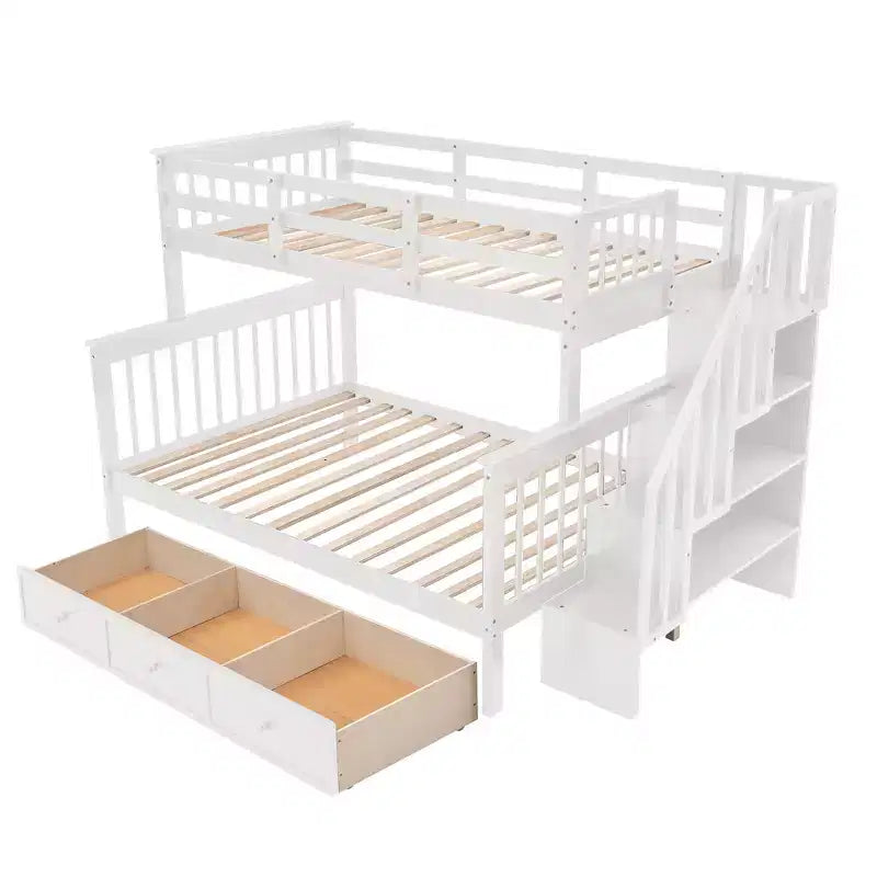 Lit superposé jumeau sur grand avec escalier, tiroir, rangement et barrière de sécurité