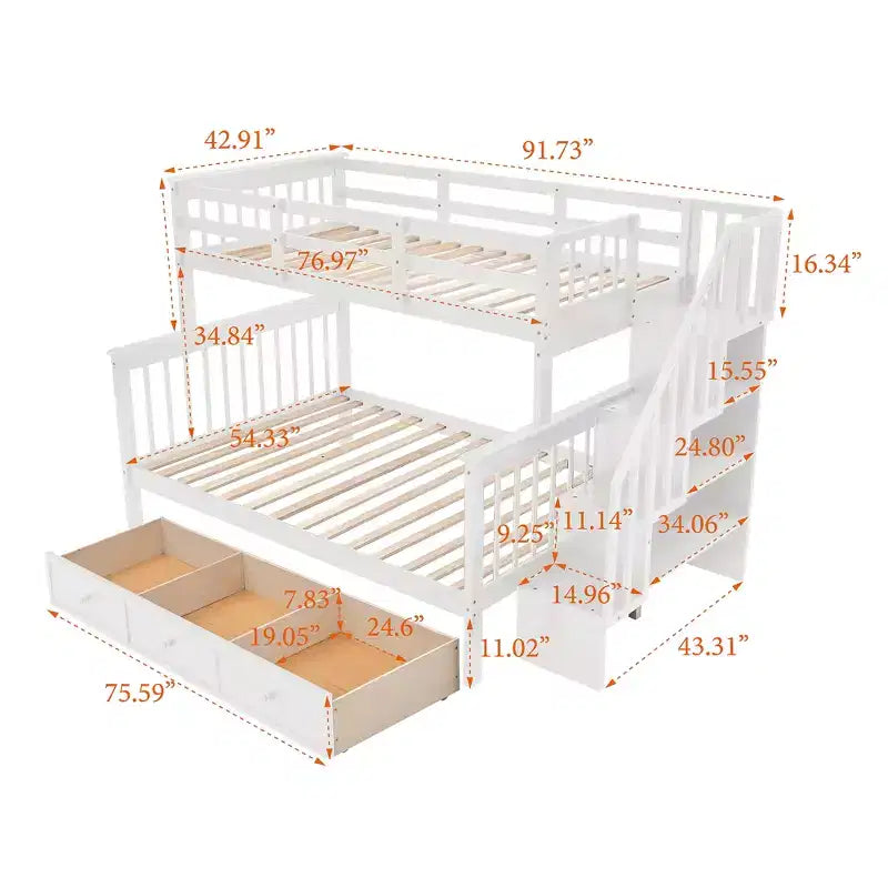 Lit superposé jumeau sur grand avec escalier, tiroir, rangement et barrière de sécurité