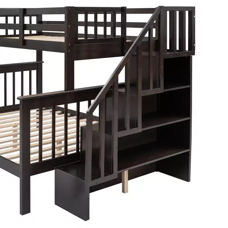 Lit superposé jumeau sur grand avec escalier, tiroir, rangement et barrière de sécurité