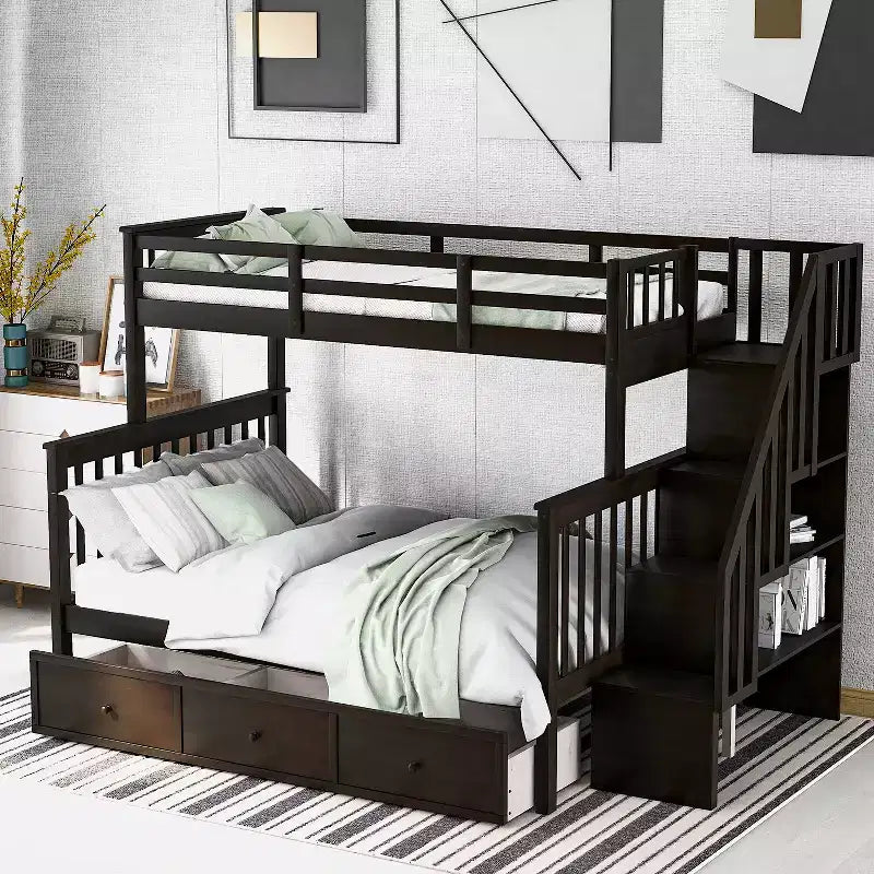 Whisen Twin-Over-Full Stairway Bunk Bed with Drawer, Storage and Guard Rail