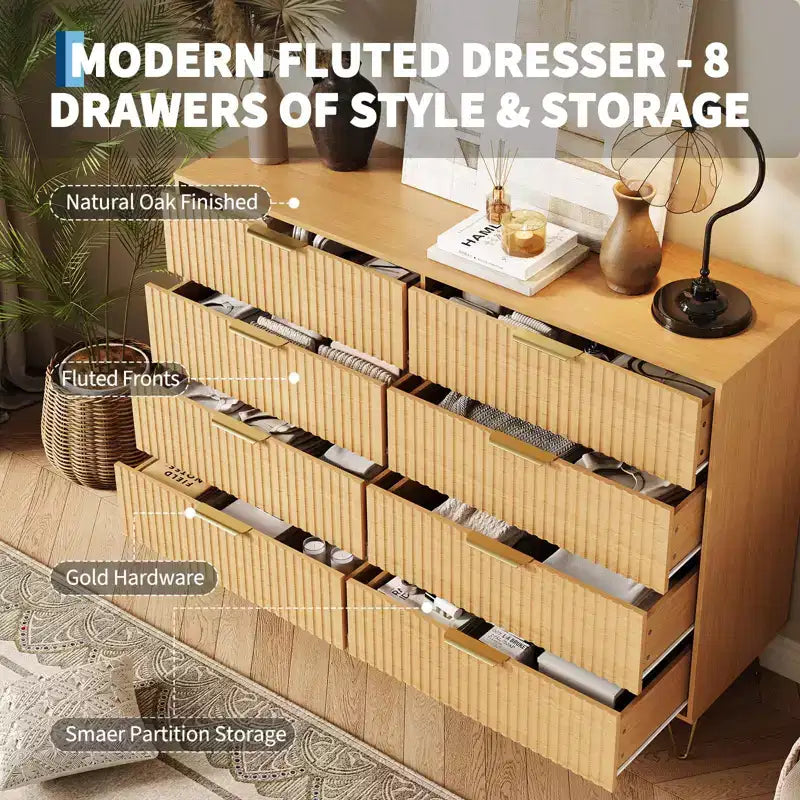 Commode cannelée pour chambre à coucher avec 6/8 tiroirs, commode de chambre moderne en bois de 120/140 cm de large avec poignée en métal, organisateur de rangement pour vêtements, commode de placard