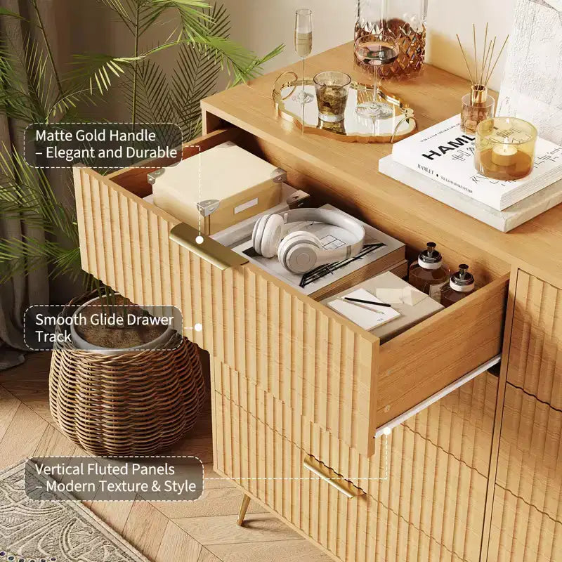 Commode cannelée pour chambre à coucher avec 6/8 tiroirs, commode de chambre moderne en bois de 120/140 cm de large avec poignée en métal, organisateur de rangement pour vêtements, commode de placard
