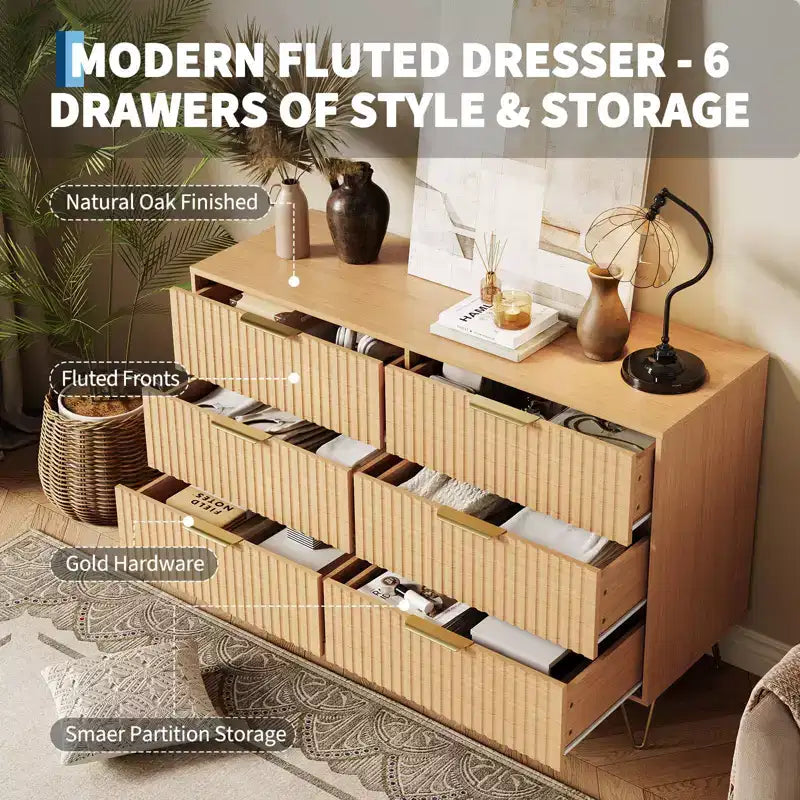 Commode cannelée pour chambre à coucher avec 6/8 tiroirs, commode de chambre moderne en bois de 120/140 cm de large avec poignée en métal, organisateur de rangement pour vêtements, commode de placard