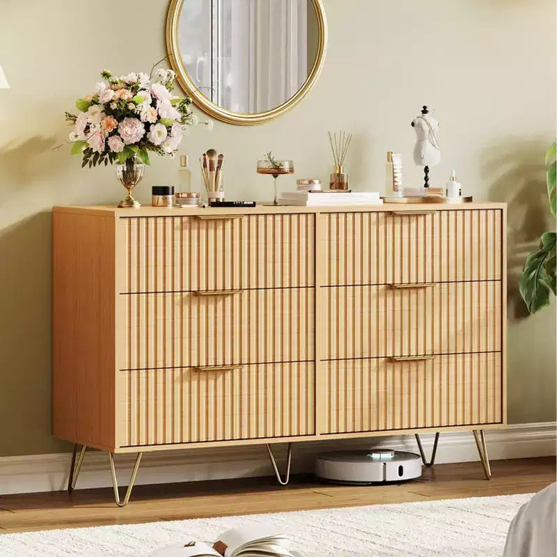 Commode cannelée pour chambre à coucher avec 6/8 tiroirs, commode de chambre moderne en bois de 120/140 cm de large avec poignée en métal, organisateur de rangement pour vêtements, commode de placard
