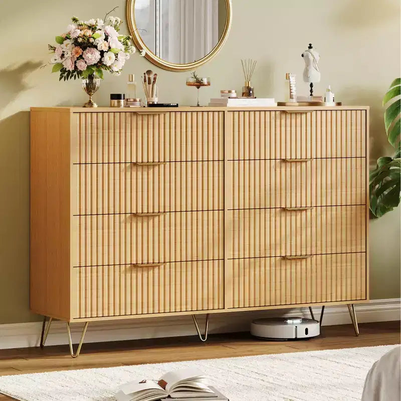 Commode cannelée pour chambre à coucher avec 6/8 tiroirs, commode de chambre moderne en bois de 120/140 cm de large avec poignée en métal, organisateur de rangement pour vêtements, commode de placard