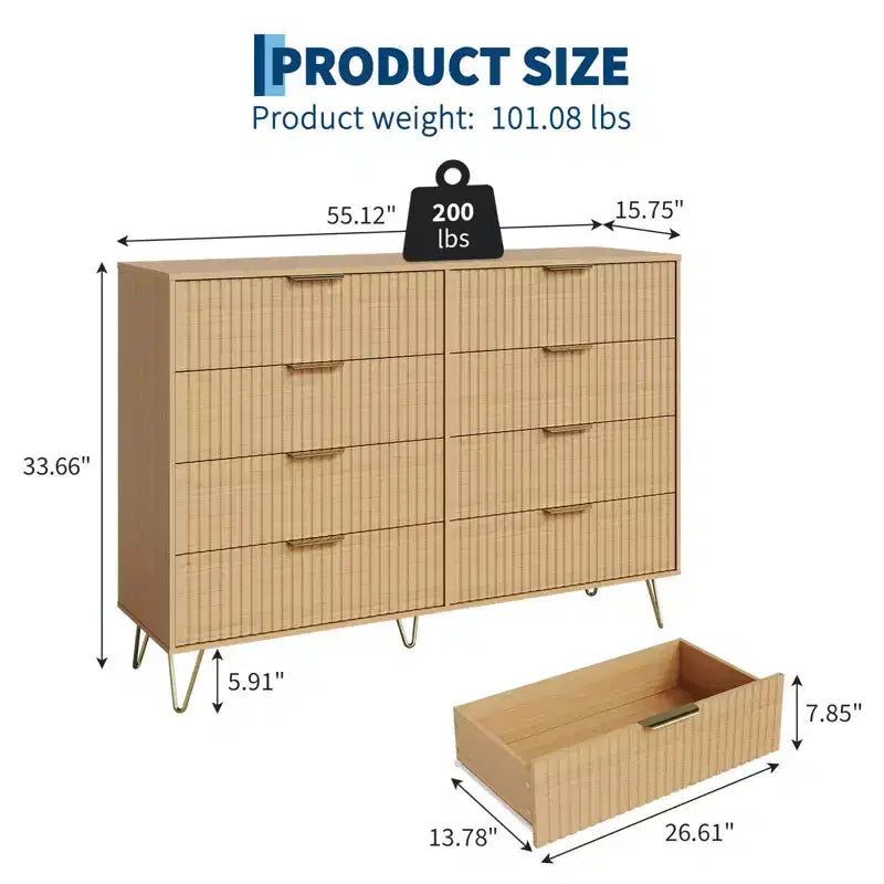 Commode cannelée pour chambre à coucher avec 6/8 tiroirs, commode de chambre moderne en bois de 120/140 cm de large avec poignée en métal, organisateur de rangement pour vêtements, commode de placard