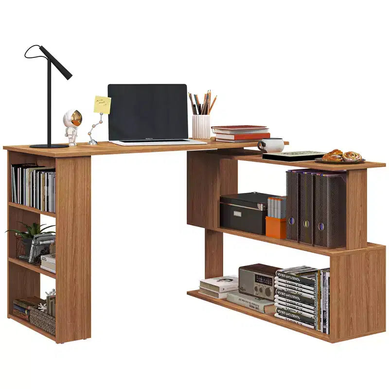 HOMCOM 360 Rotating Home Office Desk L Shaped Corner Computer Desk with Storage Shelves, Writing Table Workstation, Teak