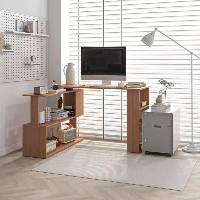 Bureau d'angle en L rotatif à 360° pour la maison avec étagères de rangement, poste de travail de table d'écriture, Teck