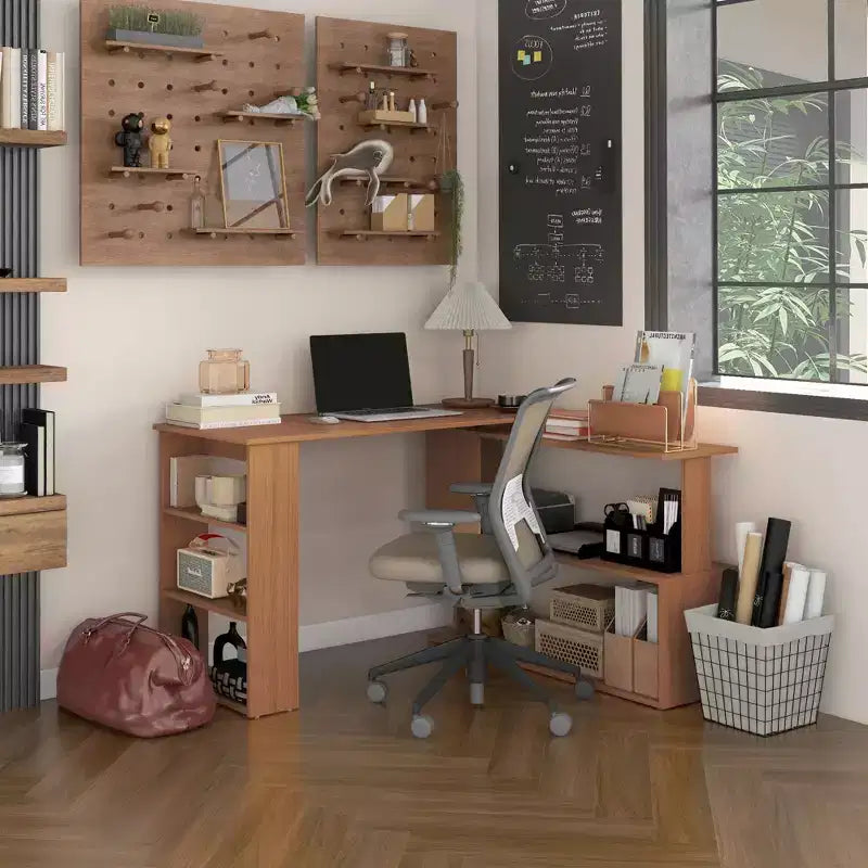 Bureau d'angle en L rotatif à 360° pour la maison avec étagères de rangement, poste de travail de table d'écriture, Teck