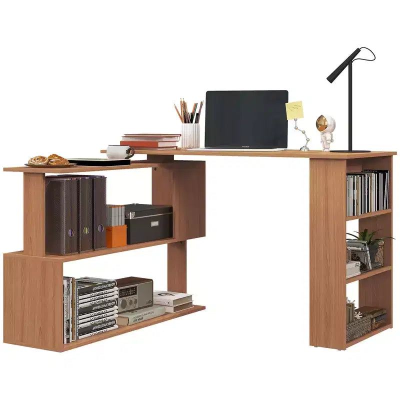 Bureau d'angle en L rotatif à 360° pour la maison avec étagères de rangement, poste de travail de table d'écriture, Teck