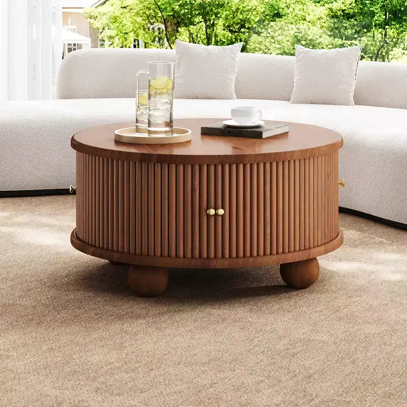 JVNOXK 31.8-inch Round Grooved Storage Coffee Table, Solid Pine Wood, Sliding Doors, Spacious Interior Compartments, Durable, Walnut Finish