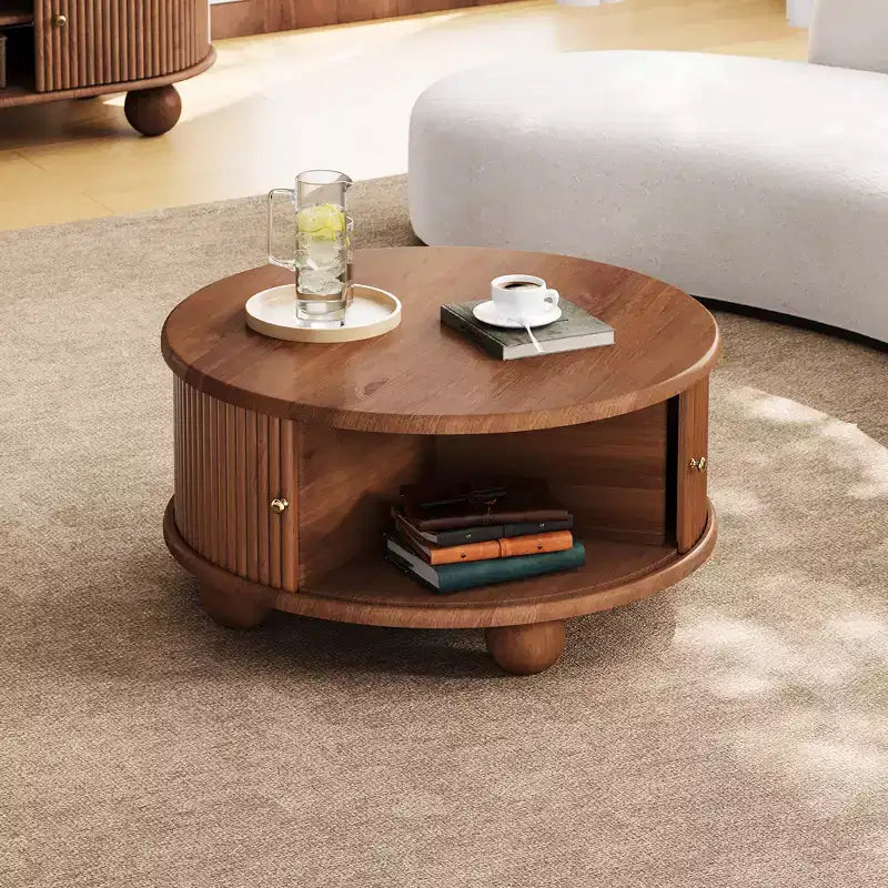 Table basse de rangement ronde rainurée, en bois de pin massif, portes coulissantes, compartiments intérieurs spacieux, durable, finition noyer