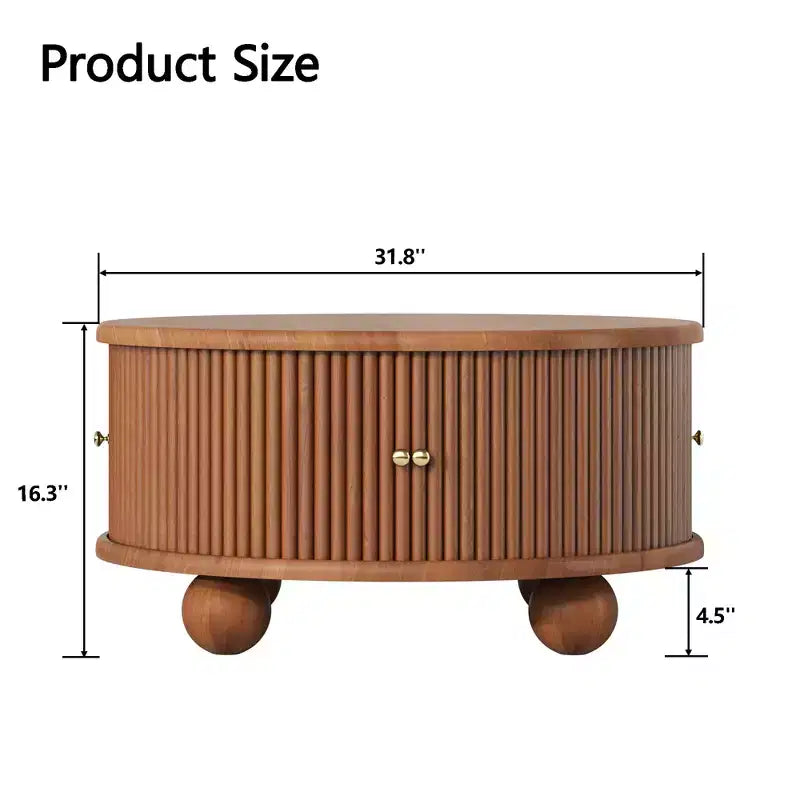 Table basse de rangement ronde rainurée, en bois de pin massif, portes coulissantes, compartiments intérieurs spacieux, durable, finition noyer