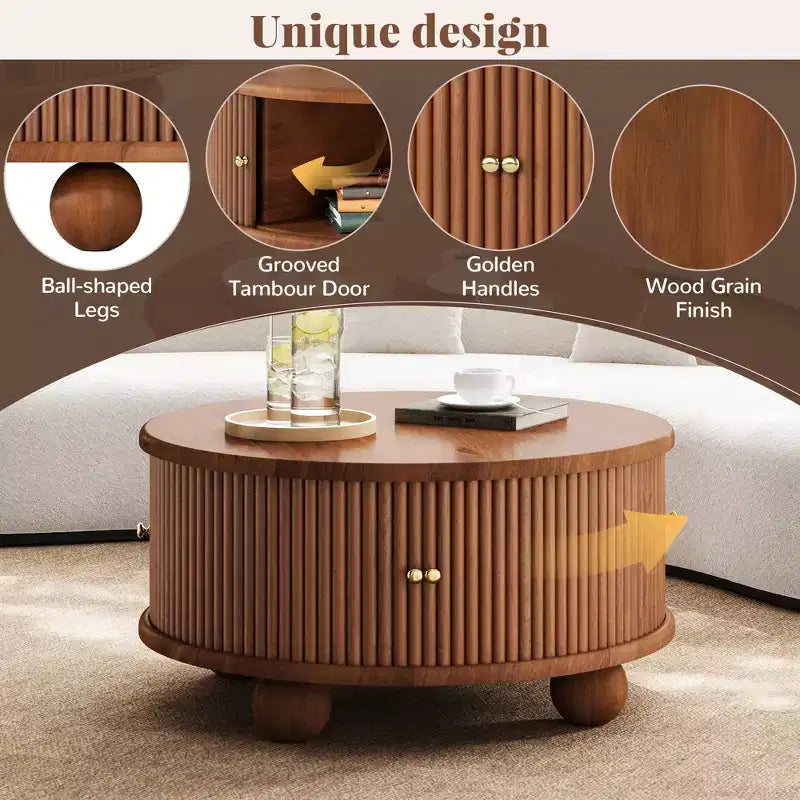 Table basse de rangement ronde rainurée, en bois de pin massif, portes coulissantes, compartiments intérieurs spacieux, durable, finition noyer