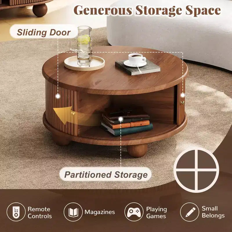 Table basse de rangement ronde rainurée, en bois de pin massif, portes coulissantes, compartiments intérieurs spacieux, durable, finition noyer