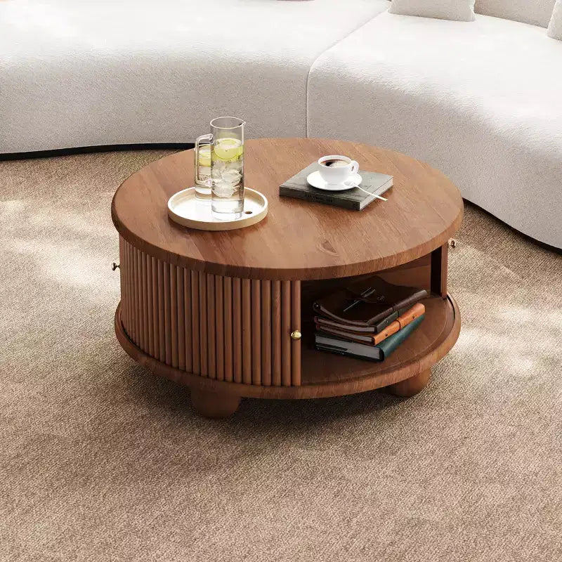 Table basse de rangement ronde rainurée, en bois de pin massif, portes coulissantes, compartiments intérieurs spacieux, durable, finition noyer