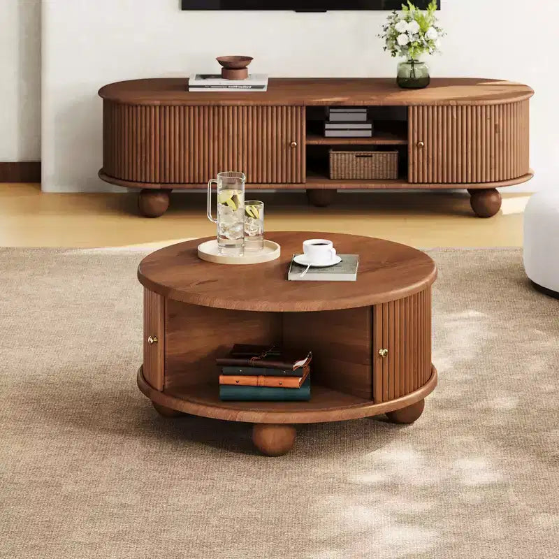 Table basse de rangement ronde rainurée, en bois de pin massif, portes coulissantes, compartiments intérieurs spacieux, durable, finition noyer