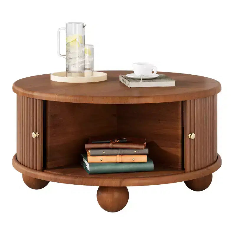 Table basse de rangement ronde rainurée, en bois de pin massif, portes coulissantes, compartiments intérieurs spacieux, durable, finition noyer