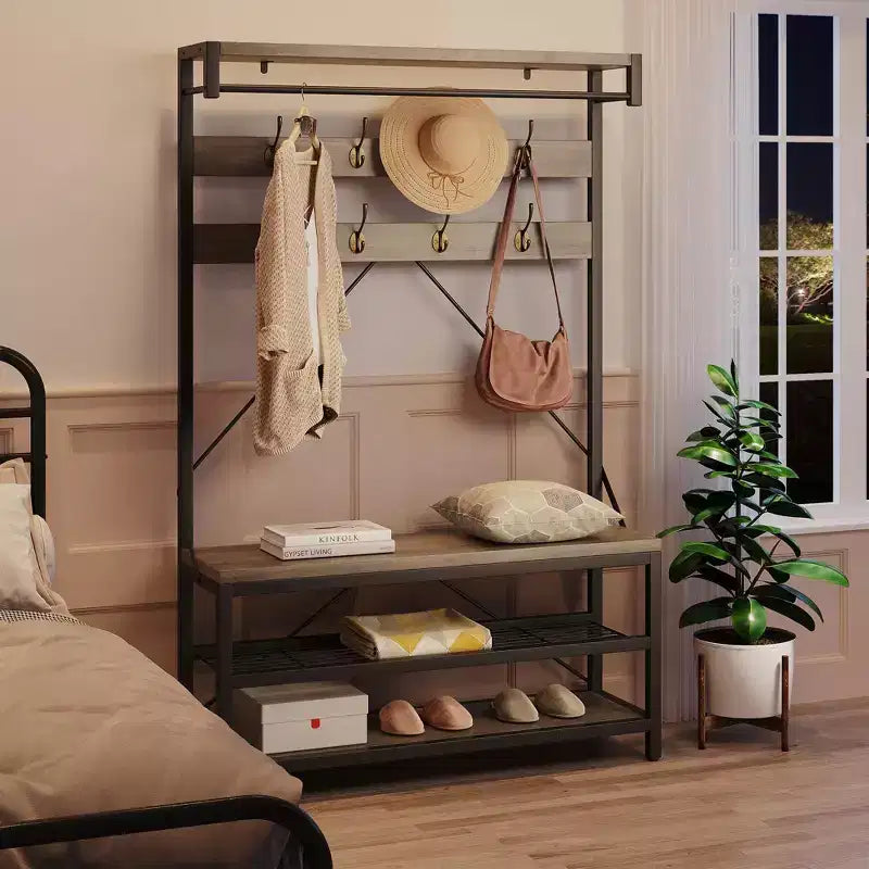 72 Penderie d'entrée avec banc à chaussures, rangement en bois pour entrée, barre de suspension et 8 crochets, étagère d'appoint pour manteaux et chaussures