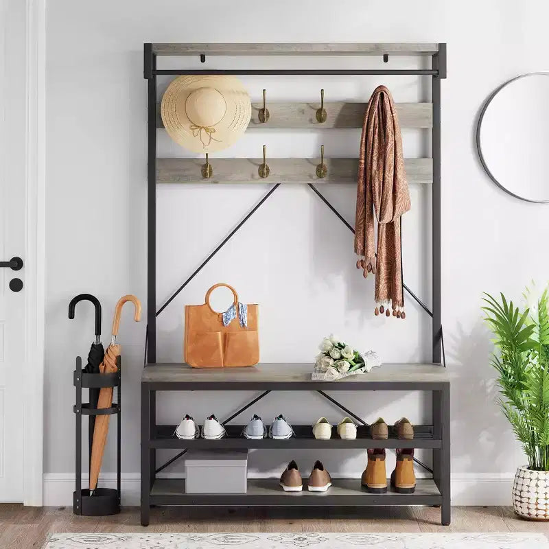 72 Penderie d'entrée avec banc à chaussures, rangement en bois pour entrée, barre de suspension et 8 crochets, étagère d'appoint pour manteaux et chaussures