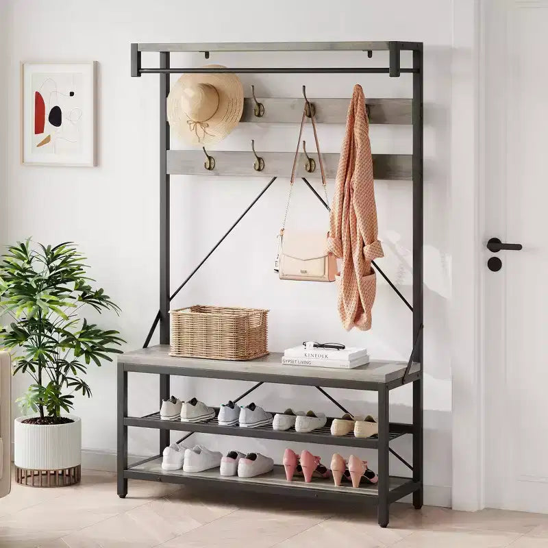 72 Penderie d'entrée avec banc à chaussures, rangement en bois pour entrée, barre de suspension et 8 crochets, étagère d'appoint pour manteaux et chaussures