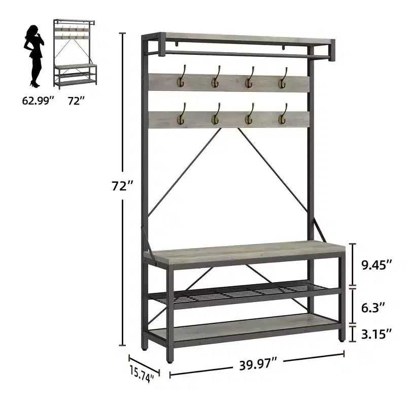 72 Penderie d'entrée avec banc à chaussures, rangement en bois pour entrée, barre de suspension et 8 crochets, étagère d'appoint pour manteaux et chaussures