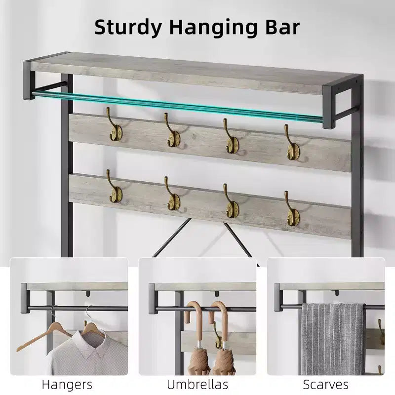72 Penderie d'entrée avec banc à chaussures, rangement en bois pour entrée, barre de suspension et 8 crochets, étagère d'appoint pour manteaux et chaussures