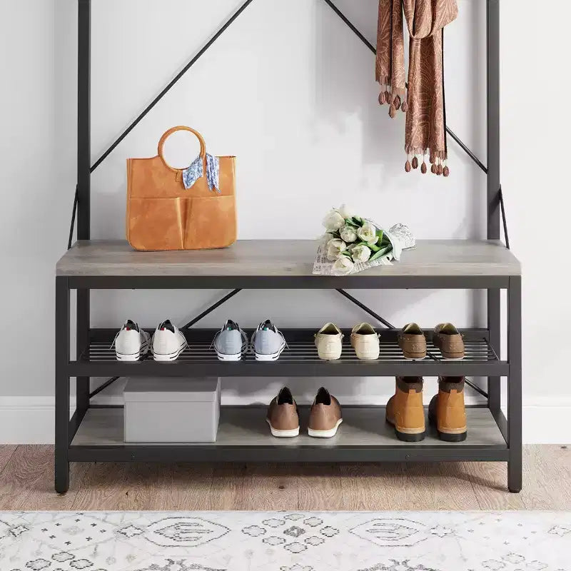 72 Penderie d'entrée avec banc à chaussures, rangement en bois pour entrée, barre de suspension et 8 crochets, étagère d'appoint pour manteaux et chaussures