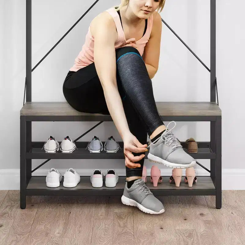 72 Penderie d'entrée avec banc à chaussures, rangement en bois pour entrée, barre de suspension et 8 crochets, étagère d'appoint pour manteaux et chaussures