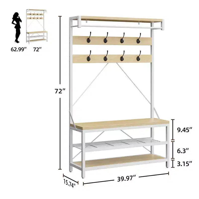72 Penderie d'entrée avec banc à chaussures, rangement en bois pour entrée, barre de suspension et 8 crochets, étagère d'appoint pour manteaux et chaussures