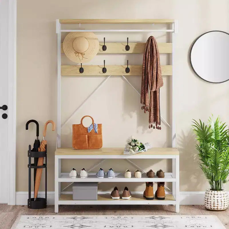 72 Penderie d'entrée avec banc à chaussures, rangement en bois pour entrée, barre de suspension et 8 crochets, étagère d'appoint pour manteaux et chaussures